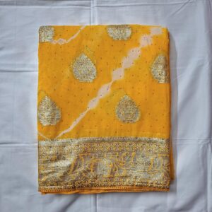 Lehariya shifon yellow colour saree with full zari work and contrast blouse.