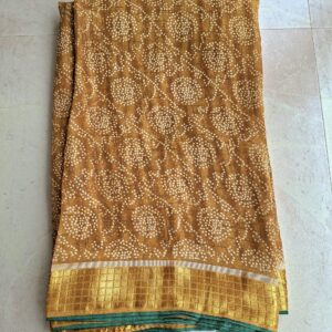 Mustard colour bandhani saree with silk border and contrast blouse - Image 4