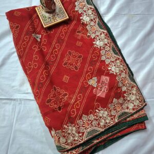 Red bandhani saree with full zari work and contrast blouse - Image 4