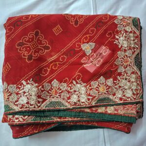 Red bandhani saree with full zari work and contrast blouse