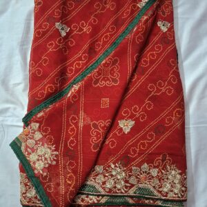 Red bandhani saree with full zari work and contrast blouse - Image 6