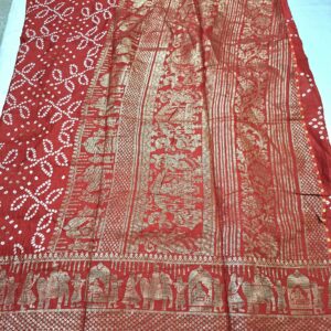 Red bandhani printed saree with rich paloo and embroidered blouse - Image 6