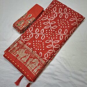 Red bandhani printed saree with rich paloo and embroidered blouse - Image 4