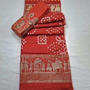 Red bandhani printed saree with rich paloo and embroidered blouse - Image 3