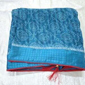 Blue bandhani saree with silk border and contrast blouse