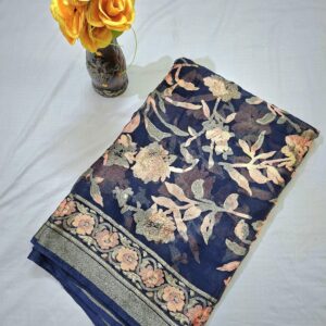 Dark blue Floral Print Bollywood Chiffon Brasso Saree With Swarovski Work - Image 4