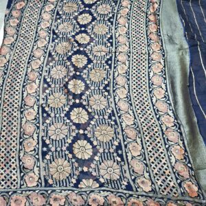 Dark blue Floral Print Bollywood Chiffon Brasso Saree With Swarovski Work - Image 5