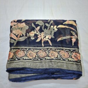 Dark blue Floral Print Bollywood Chiffon Brasso Saree With Swarovski Work