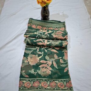Green Colour Floral Print Bollywood Chiffon Brasso Saree With Swarovski Work - Image 2