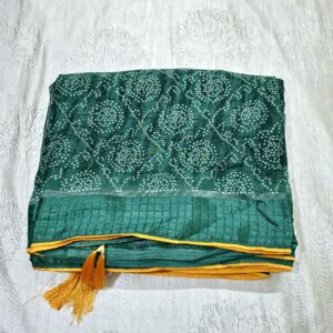 Green bandhani saree with silk border and contrast blouse