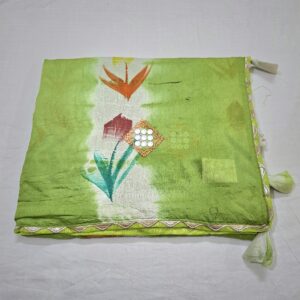 Parrot green Colour Hand Printed Cotton Blend Saree With Full Embroidery Work  and Mirror Work Pallu