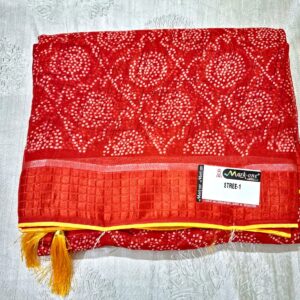 Red bandhani saree with silk border and contrast blouse