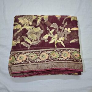 Wine Colour Floral Print Bollywood Chiffon Brasso Saree With Swarovski Work