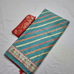 Firozi colour silk blend printed saree with contrast blouse - Image 5