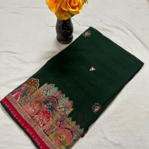 Black Colour georgette royal print saree with swarovski work and contrast blouse - Image 6