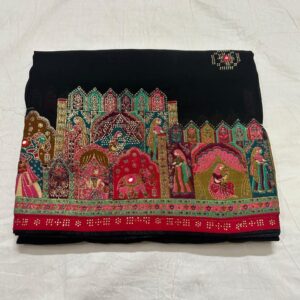Black Colour georgette royal print saree with swarovski work and contrast blouse