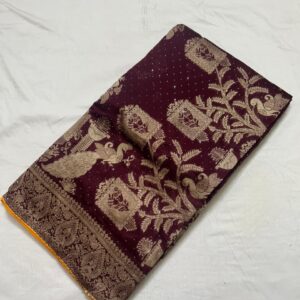 Wine colour silk jacquard saree with full work and contrast blouse - Image 3