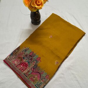 Mustard Colour georgette royal print saree with swarovski work and contrast blouse - Image 3