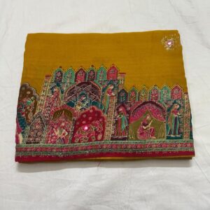 Mustard Colour georgette royal print saree with swarovski work and contrast blouse