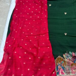Dark green Colour georgette royal print saree with swarovski work and contrast blouse - Image 5
