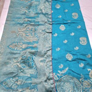 Firozi colour silk jacquard saree with full work and contrast blouse - Image 4