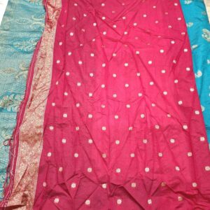 Firozi colour silk jacquard saree with full work and contrast blouse - Image 7