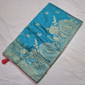 Firozi colour silk jacquard saree with full work and contrast blouse - Image 5