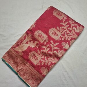Rani colour silk jacquard saree with full work and contrast blouse - Image 5