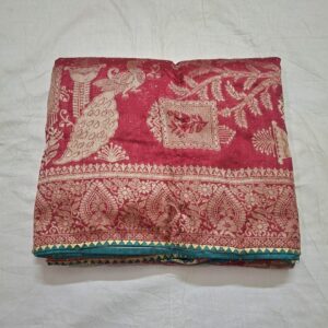 Rani colour silk jacquard saree with full work and contrast blouse
