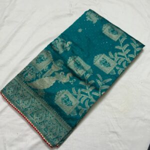 Rama green colour silk jacquard saree with full work and contrast blouse - Image 3