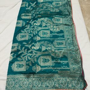 Rama green colour silk jacquard saree with full work and contrast blouse - Image 4