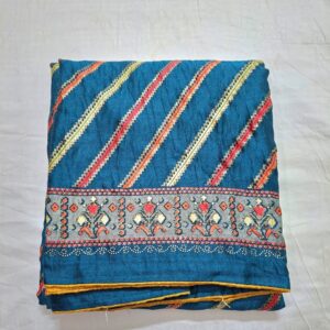 Navy blue colour silk blend printed saree with contrast blouse