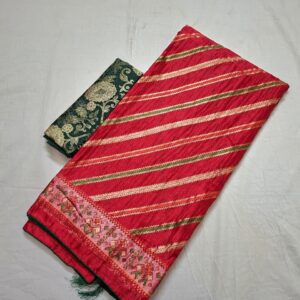 Rani colour silk blend printed saree with contrast blouse - Image 3