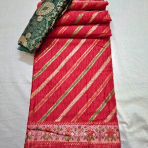 Rani colour silk blend printed saree with contrast blouse - Image 5
