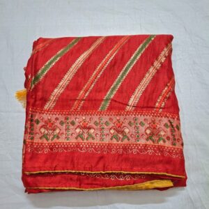 Red colour silk blend printed saree with contrast blouse