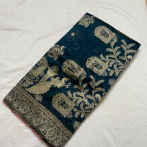 Rama blue colour silk jacquard saree with full work and contrast blouse