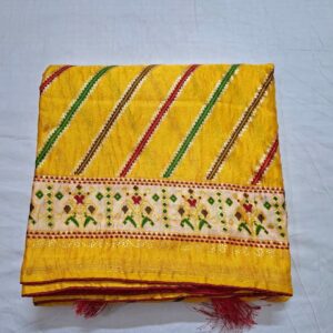 Yellow colour silk blend printed saree with contrast blouse