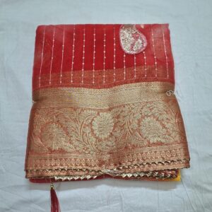 Red And Yellow Colour Banarasi Border Organza Saree With Full Work And Blouse