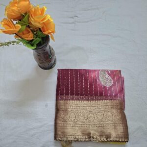 Wine And Yellow Colour Banarasi Border Organza Saree With Full Work And Blouse - Image 3