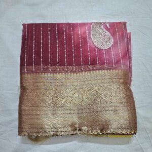 Wine And Yellow Colour Banarasi Border Organza Saree With Full Work And Blouse